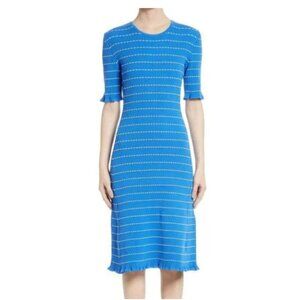 Victoria Beckham Rib Knit Dress 10 Blue Short Elbow Sleeve Scoop Neck Stripe